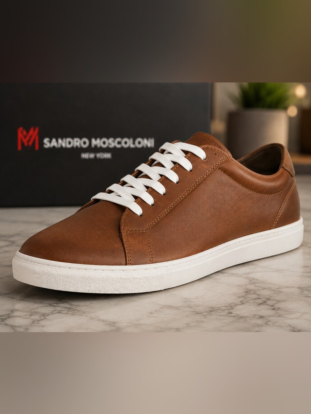 Sandro Moscoloni Mens Brown Leather Low-Top Sneaker with White Sole-NIB-Size 13